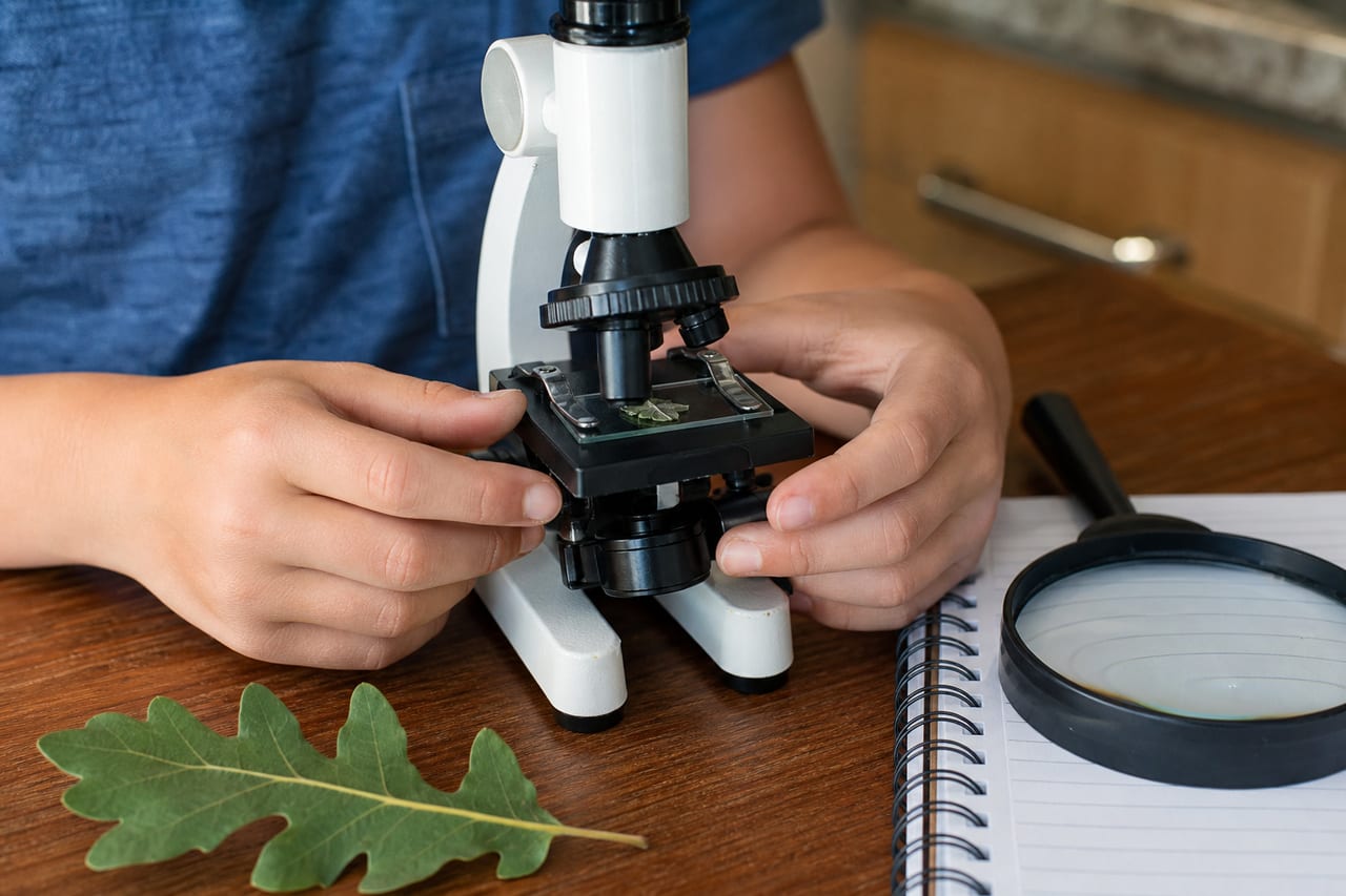 Child using a microscope beside a notebook