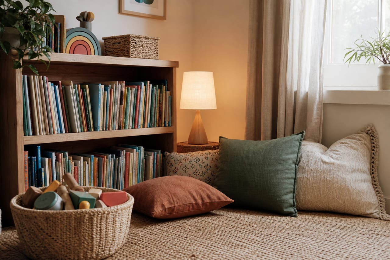 Home learning space with bookshelves and floor cushions