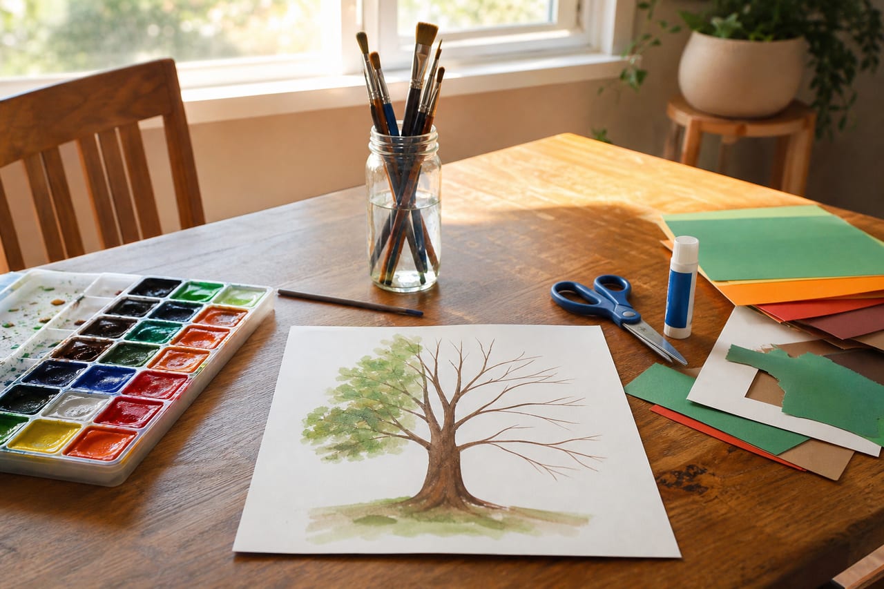 Watercolor tree painting and art supplies on a table